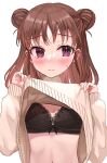  1girl absurdres black_bra blush bra brown_hair clothes_lift double_bun full-face_blush hair_bun highres idolmaster idolmaster_cinderella_girls lace-trimmed_bra lace_trim lifted_by_self light_smile looking_away medium_hair munakata_atsumi rum_raisin_(chihiromakita19) simple_background solo sweatdrop sweater sweater_lift underwear upper_body white_background 