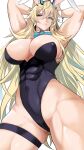  1girl abs animal_ears armpits arms_behind_head arms_up bangs bare_shoulders biceps black_leotard blonde_hair bow bowtie breasts cleavage covered_navel detached_collar fairy_knight_gawain_(fate) fake_animal_ears fate/grand_order fate_(series) green_eyes heterochromia highleg highleg_leotard highres horns kawabata_yoshihiro large_breasts leotard long_hair looking_at_viewer muscular muscular_female playboy_bunny rabbit_ears red_eyes solo thick_thighs thigh_strap thighs very_long_hair wrist_cuffs 