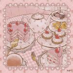  artist_name cake cake_slicer commentary couch cream cream_puff cup drink floral_background floral_print food food_focus food_request fork framed fruit gingham gold_trim indoors lace_trim macaron no_humans object_request original pastry pink_background pink_theme plate saucer signature still_life strawberry sweets symbol-only_commentary table tablecloth tea_set teacup teapot tiered_tray yayoi_(frp-y) 