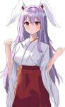  1girl absurdres alternate_costume animal_ears aohane bangs closed_mouth highres japanese_clothes long_hair long_sleeves looking_at_viewer miko purple_hair rabbit_ears rabbit_girl red_eyes red_skirt reisen_udongein_inaba shirt simple_background sketch skirt solo touhou white_background white_shirt wide_sleeves 
