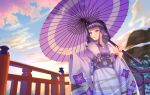  1girl bangs blunt_bangs commentary_request floral_print fur_collar genshin_impact hand_up highres holding holding_umbrella japanese_clothes kimono lan_qiandai long_hair looking_afar nail_polish oil-paper_umbrella parted_lips purple_eyes purple_hair purple_kimono purple_nails raiden_shogun solo umbrella 