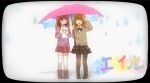  2girls bangs black_border black_footwear black_pantyhose black_skirt blunt_bangs blurry border bow brown_eyes brown_footwear brown_hair cardigan closed_eyes collared_shirt commentary eir_(vocaloid) english_commentary flower_(symbol) framed full_body grey_cardigan hair_bow highres holding holding_paper holding_umbrella long_hair long_sleeves looking_ahead multiple_girls pantyhose paper parted_lips pink_bow pink_umbrella polka_dot polka_dot_umbrella print_umbrella purple_cardigan red_hair red_skirt rounded_corners shirt shoes skirt sky_print song_name standing thighhighs umbrella water_drop white_shirt white_thighhighs yunare 
