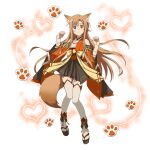  1girl animal_ears asuna_(sao) brown_eyes brown_hair brown_skirt commentary_request detached_sleeves floating_hair fox_ears fox_tail full_body heart highres japanese_clothes long_hair looking_at_viewer miniskirt non-web_source official_art parted_lips pleated_skirt simple_background skirt solo standing sword_art_online sword_art_online:_memory_defrag tail thighhighs transparent_background very_long_hair white_thighhighs 