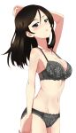  1girl bangs black_hair blue_eyes blush bra breasts collarbone commission floral_print girls_und_panzer grey_bra grey_panties hair_between_eyes kayabakoro large_breasts lingerie long_hair looking_at_viewer nonna_(girls_und_panzer) panties parted_lips pixiv_commission simple_background solo standing underwear white_background 