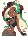  &lt;3 2022 animal_humanoid bare_shoulders beauty_mark breasts cephalopod cephalopod_humanoid cleavage clothed clothing cremanata dark_body dark_skin female fingerless_gloves gloves green_eyes handwear hi_res humanoid marina_(splatoon) marine marine_humanoid mollusk mollusk_humanoid nintendo pseudo_hair signature simple_background smile solo splatoon suction_cup tentacle_hair tentacles white_background 