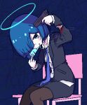  1girl alternate_costume aqua_eyes aqua_hair bangs black_jacket black_skirt bleeding blood blood_on_clothes blue_background blue_hair blue_necktie blunt_bangs blush bob_cut chair chibikki cigarette collarbone collared_shirt colored_inner_hair cuts finger_on_trigger formal gun gun_to_head hair_over_one_eye halo hands_up holding holding_gun holding_weapon imminent_suicide injury jacket long_sleeves looking_at_viewer messy_hair middle_finger multicolored_hair nanako_(chibikki) necktie office_lady original pantyhose pencil_skirt pixel_art self_harm shirt short_hair simple_background sitting skirt skirt_suit smoke smoking solo suicide suit torn_clothes torn_jacket torn_shirt two-tone_hair weapon white_shirt wrist_cutting 