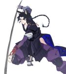  1boy animal_ears arknights beads black_hair braid brown_eyes closed_mouth dog_ears dog_girl facial_mark forehead_mark genderswap genderswap_(ftm) highres holding holding_weapon huan_shi_tian_tong japanese_clothes kimono long_hair looking_at_viewer male_focus multicolored_hair naginata pants polearm prayer_beads purple_pants saga_(arknights) simple_background sketch solo weapon white_background 
