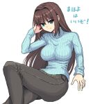  1girl aozaki_aoko blue_eyes blue_sweater breasts brown_hair commentary_request denim hand_in_own_hair highres jeans large_breasts looking_at_viewer mahou_tsukai_no_yoru pants sweater toba_kuti translation_request turtleneck turtleneck_sweater white_background 
