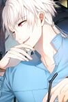  1boy bangs bracelet buttons cheritz collared_shirt drinking_straw fingernails hair_tie hand_on_own_chin highres jewelry long_hair long_sleeves low_ponytail male_focus official_art open_mouth red_eyes shirt solo susanghan_messenger third-party_source white_hair zen_(susanghan_messenger) 