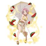 1girl :d bangs bikini bikini_top_only breasts cleavage collarbone food freckles fruit full_body hair_ornament hairclip hand_on_lap highres jewelry leaning_forward lisbeth_(sao) lisbeth_(sao-alo) looking_at_viewer medium_breasts navel necklace non-web_source official_art open_mouth parasol parted_bangs pink_eyes pink_hair pointy_ears sarong short_hair simple_background smile solo standing swimsuit sword_art_online sword_art_online:_memory_defrag thigh_strap transparent_background umbrella watermelon yellow_bikini 