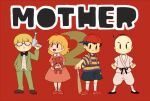  1girl 3boys bald bangs baseball_bat baseball_cap black_bow black_bowtie blonde_hair blush bow bowtie dougi dress formal freckles glasses gomi_(kaiwaresan44) hair_bow hat holding holding_stuffed_toy jeff_andonuts karate_gi long_hair mother_(game) mother_2 multiple_boys ness_(mother_2) nintendo open_mouth paula_(mother_2) pink_dress poo_(mother_2) red_background red_bow red_footwear red_headwear shirt short_hair smile socks striped striped_shirt stuffed_animal stuffed_toy suit teddy_bear 