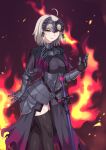  1girl absurdres ahoge armor armored_dress black_cape black_dress black_thighhighs breasts cape capelet chain dress fate/grand_order fate_(series) fire gauntlets gesugao grin headpiece highres holding holding_sword holding_weapon hraf8mvqvxzvago jeanne_d&#039;arc_(fate) jeanne_d&#039;arc_alter_(fate) short_hair skindentation smile solo standing sword thighhighs v-shaped_eyebrows weapon white_background white_hair yellow_eyes 