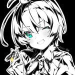  1girl androgynous antennae bangs bow bowtie bug collared_shirt commentary firefly green_eyes greyscale grin hair_between_eyes highres looking_at_viewer monochrome one_eye_closed ringo_no_usagi_(artist) shirt short_hair simple_background smile solo spot_color touhou wriggle_nightbug 
