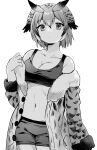  1girl breasts dot_nose eurasian_eagle_owl_(kemono_friends) eyelashes frown fur_trim greyscale highres jacket kemono_friends large_breasts light_frown monochrome navel open_clothes open_jacket short_hair shorts simple_background solo standing suicchonsuisui tank_top 