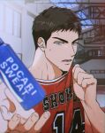  1boy basketball_jersey basketball_uniform bekhoemi black_hair clothes_lift looking_at_object male_focus mitsui_hisashi open_mouth pocari_sweat red_shirt shirt shirt_lift short_hair slam_dunk_(series) sleeveless sleeveless_shirt solo sportswear sweat v-shaped_eyebrows 