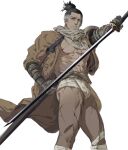  1boy abs bandaged_leg bandages bara bare_pectorals black_hair facial_hair fundoshi highres holding holding_sword holding_weapon huan_shi_tian_tong japanese_clothes katana male_focus male_underwear multicolored_hair muscular muscular_male nipples parted_lips pectorals prosthesis prosthetic_arm scar scar_on_chest scar_on_leg sekiro sekiro:_shadows_die_twice simple_background solo sword topknot underwear weapon white_background white_hair 