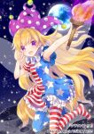  1girl american_flag_dress american_flag_legwear blonde_hair blush character_name clownpiece dress fairy fairy_wings hat highres holding holding_torch jester_cap long_hair open_mouth pantyhose pink_eyes pink_headwear polka_dot polka_dot_headwear short_sleeves smile solo star_(symbol) star_print striped striped_dress striped_pantyhose torch torii_sumi touhou v wings 