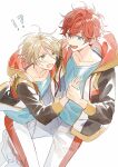  !? 2boys amagi_hiiro bangs blonde_hair blue_eyes blue_shirt blush collarbone commentary_request drawstring earrings ensemble_stars! green_eyes hair_between_eyes hand_grab hand_on_another&#039;s_shoulder hood hood_down hooded_jacket hoop_earrings jacket jewelry long_sleeves lower_teeth_only multiple_boys open_clothes open_jacket open_mouth partial_commentary red_hair seuga shiratori_aira_(ensemble_stars!) shirt short_hair teeth white_background yaoi zipper 