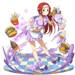  1girl apron burger choker collarbone food french_fries full_body hair_intakes highres holding holding_plate ice_cream_cone jacket leaning_forward long_hair midriff miniskirt navel non-web_source official_art plate pleated_skirt purple_ribbon red_hair ribbon ribbon_choker roller_skates short_sleeves skates skirt solo stomach striped striped_jacket striped_skirt sword_art_online sword_art_online:_memory_defrag tiese_schtrinen transparent_background vertical-striped_jacket vertical-striped_skirt vertical_stripes very_long_hair visor_cap waist_apron white_apron wristband 