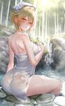  1girl absurdres ass back bangs bare_shoulders blonde_hair blurry breasts commentary_request day depth_of_field flower genshin_impact hand_on_own_chest hand_up highres lily_(flower) looking_at_viewer looking_back lumine_(genshin_impact) median_furrow medium_breasts naked_towel onsen outdoors parted_lips pottsness rock see-through short_hair_with_long_locks shoulder_blades sidelocks sitting soaking_feet solo steam thighs towel towel_on_head twitter_username water waterfall wet wet_hair wet_towel white_flower white_towel yellow_eyes 