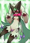  1girl :3 animal_hands black_fur blush body_fur border breasts cat_girl cat_tail clothed_pokemon commentary drop_shadow embarrassed fang fumirumochigashin furry furry_female gem green_background green_fur green_hair green_theme hands_up highres looking_down meowscarada navel nose_blush open_mouth outline outside_border panties paw_pose pawpads pink_panties pokemon pokemon_(creature) purple_gemstone red_eyes short_hair side-tie_panties small_breasts solo standing stomach string_panties striped striped_panties surprised sweat tail textless_version thighs topless two-tone_fur underwear white_border white_outline wide-eyed 