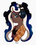  1girl artist_name black_shirt blue_eyes blue_hair breasts cephalopod_eyes cleavage closed_mouth collarbone commentary_request crop_top dark-skinned_female dark_skin grey_background headphones highres jacket long_hair long_sleeves looking_at_viewer marina_(splatoon) mole mole_under_mouth open_clothes open_jacket orange_jacket orange_pupils raised_eyebrows shirt shogo_(shogo70449442) signature simple_background small_breasts solo splatoon_(series) splatoon_2 split_mouth suction_cups tentacle_hair tentacles 
