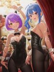  2girls :d absurdres animal_ears armpits bangs bare_shoulders blue_eyes blue_hair blush breasts demon_girl demon_tail detached_collar fake_animal_ears green_eyes hair_between_eyes hair_ornament hairclip highres hololive horns hoshimachi_suisei leotard long_hair looking_at_viewer medium_breasts multicolored_hair multiple_girls one_eye_closed open_mouth pantyhose playboy_bunny purple_hair rabbit_ears rabbit_tail senriyama short_hair side_ponytail small_breasts smile strapless strapless_leotard streaked_hair tail tokoyami_towa twintails v virtual_youtuber wrist_cuffs 