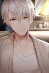  1boy asymmetrical_bangs bangs blurry blurry_background cheritz closed_mouth collarbone lamp looking_at_viewer male_focus official_art picture_frame red_eyes shirt sitting smile solo susanghan_messenger third-party_source white_hair white_shirt zen_(susanghan_messenger) 