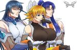  3girls :d bangs bare_shoulders blonde_hair blue_eyes blue_hair breast_hold breasts closed_eyes closed_mouth elbow_gloves fishnets gloves grin highres igawa_asagi igawa_sakura impossible_clothes large_breasts leotard long_hair meme multiple_girls muscular muscular_female ninja ponytail remchi301 servants_holding_aphrodite&#039;s_breasts_(meme) short_hair signature simple_background smile taimanin_(series) taimanin_asagi taimanin_suit taimanin_yukikaze teeth upper_body white_background white_leotard yatsu_murasaki 