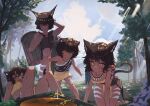  &gt;o&lt; 1boy 3girls all_fours animal_ear_fluff animal_ears arm_tattoo arrow_(projectile) bangs basket blush body_markings breasts brown_shirt cat_ears cat_girl cat_tail cleavage closed_eyes cloud cloudy_sky commentary crop_top dagger day english_commentary facing_viewer fur-trimmed_shirt fur_trim hair_ornament hand_up highres jewelry knife looking_at_object looking_down lying mont_blanca multiple_girls necklace on_back open_mouth original outdoors parted_lips pelvic_curtain record sheath sheathed shirt short_hair skirt sky sleeveless sleeveless_shirt small_breasts standing strapless tail tattoo tooth_necklace tree tube_top voyager_golden_record weapon yellow_eyes yellow_skirt 