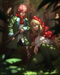  1boy 1girl artist_name blonde_hair blue_eyes blurry blurry_background braid breasts breikka capelet coat dappled_sunlight forest green_coat green_eyes green_pants grimm_(red_hood) gun highres holding holding_gun holding_weapon hood hooded_capelet hunting_rifle large_breasts long_hair looking_to_the_side nature pants pink_hair red_hood red_hood_(kawaguchi) shirt short_hair side_braid single_braid squatting sunlight velou_(red_hood) weapon white_shirt 