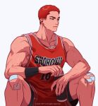  1boy artist_name bandaid bandaid_on_knee bandaid_on_leg bare_shoulders basketball_jersey basketball_uniform biceps black_eyes black_wristband bottle closed_mouth collarbone commentary_request dated expressionless feet_out_of_frame highres holding holding_bottle korean_commentary looking_away male_focus red_hair red_shirt red_shorts sakuragi_hanamichi shirt short_hair shorts simple_background sitting slam_dunk_(series) sleeveless sleeveless_shirt solo sportswear sweat water_bottle watermark white_background wristband yotti 