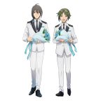  2boys ahoge black_footwear black_hair black_necktie blue_eyes blue_flower brown_eyes closed_mouth collared_shirt eyewear_on_head flower formal full_body green_hair hair_between_eyes holding holding_flower idolmaster idolmaster_side-m looking_at_viewer male_focus multiple_boys necktie official_art open_mouth producer_(idolmaster) producer_(idolmaster_side-m_anime) red-framed_eyewear shirt shoes smile suit teeth transparent_background upper_teeth_only white_suit yamamura_ken 