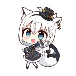  1girl :3 :d ahoge animal_ear_fluff animal_ears bangs black_bow black_hairband black_headwear black_jacket black_skirt black_vest blue_eyes bow braid chibi commentary_request fox_ears fox_girl fox_tail frilled_skirt frills full_body hair_between_eyes hair_bow hairband hololive jacket long_hair long_sleeves muuran open_clothes open_jacket pantyhose pinching_sleeves shirakami_fubuki simple_background skirt sleeves_past_wrists smile solo standing star_(symbol) tail tilted_headwear very_long_hair vest virtual_youtuber white_background white_pantyhose 