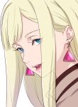  1girl blonde_hair blue_eyes earrings gigi_andalusia gundam gundam_hathaway&#039;s_flash jewelry kiikii_(kitsukedokoro) long_hair looking_at_viewer open_mouth pink_lips portrait simple_background solo straight_hair upper_body white_background 