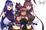  3girls :d :o ? akiyama_rinko anger_vein angry bangs bare_shoulders bow breast_envy breasts closed_eyes elbow_gloves gloves hair_bow headband highres huge_breasts impossible_clothes leotard long_hair meme mizuki_shiranui mizuki_yukikaze multiple_girls ninja open_mouth ponytail purple_bow purple_eyes purple_hair remchi301 servants_holding_aphrodite&#039;s_breasts_(meme) shaded_face signature simple_background small_breasts smile taimanin_(series) taimanin_asagi taimanin_suit taimanin_yukikaze tan teeth upper_body white_background 