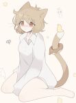  1girl angel animal animal_ears bird brown_eyes cat cat_ears cat_girl cat_tail doughnut food full_body kneeling myajou9 nichijou sakurai_izumi simple_background solo star_(symbol) tail 