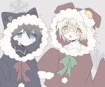  2girls bangs blonde_hair blue_eyes character_request christmas copyright_request egg_(food) egg_yolk food glasses multiple_girls myajou9 open_mouth parka simple_background snowflakes 