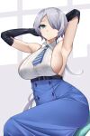  1girl absurdres armpits arms_behind_head backless_shirt bangs bare_shoulders belt black_belt black_gloves blue_eyes blue_headwear blue_necktie blue_skirt breasts brid_(nikke) casperrin collared_shirt elbow_gloves gloves goddess_of_victory:_nikke grey_hair hair_over_one_eye high-waist_skirt highres large_breasts long_hair long_skirt looking_at_viewer mole mole_on_breast necktie shirt sideboob simple_background skirt solo underbust very_long_hair white_background 