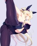  1girl 846-gou animal_ears armpits artoria_pendragon_(fate) artoria_pendragon_(lancer_alter)_(fate) artoria_pendragon_(swimsuit_ruler)_(fate) artoria_pendragon_(swimsuit_ruler)_(fate)_(cosplay) bangs bare_shoulders black_leotard blonde_hair blush braid breasts cleavage clothing_cutout cosplay crotch detached_collar fate/grand_order fate_(series) french_braid hair_between_eyes highleg highleg_leotard highres horns kneepits large_breasts leg_lift leg_up leotard long_hair looking_at_viewer navel navel_cutout necktie open_mouth pantyhose playboy_bunny ponytail purple_pantyhose purple_trim rabbit_ears rabbit_tail sidelocks solo split standing standing_on_one_leg standing_split tail thighs tiara wrist_cuffs yellow_eyes 