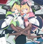  2girls alternate_costume animal_ear_headphones animal_ears black_pantyhose blonde_hair blue_archive blue_necktie blurry bow cat_ear_headphones copyright_name depth_of_field detached_collar english_text engrish_text fake_animal_ears from_above full_body green_bow green_footwear green_leotard hair_bow halo handheld_game_console headphones high_heels highres hoshino_ouka indoors jacket leotard long_sleeves looking_at_viewer lying medium_hair midori_(blue_archive) momoi_(blue_archive) multiple_girls necktie no_shoes on_back one_eye_closed open_clothes open_jacket open_mouth pantyhose pink_bow pink_footwear pink_leotard playboy_bunny ranguage shoe_removed siblings sisters smile strapless strapless_leotard tile_floor tiles twins wide_sleeves 