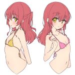  1girl bikini bocchi_the_rock! breasts closed_mouth green_eyes highres kita_ikuyo long_hair looking_at_viewer mel_(melty_pot) pink_bikini red_hair simple_background small_breasts smile swimsuit white_background yellow_bikini 