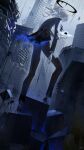  1boy absurdres aura black_footwear black_jacket black_pants blood building city debris from_below glowing glowing_eyes halo highres jacket long_hair magic original outdoors pale_skin pants rubble scenery skyscraper standing tmt white_hair 