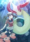  1girl :t air_bubble bangs bike_shorts blurry breasts brown_hair bubble closed_mouth collared_shirt commentary_request freediving light_rays luvdisc may_(pokemon) milotic pokemon pokemon_(creature) pokemon_(game) pokemon_rse red_shirt shirt short_sleeves skirt underwater watermark white_skirt x_napii 