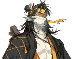  absurdres arknights chinese_commentary fang furrowed_brow furry furry_male headband highres huai_tianpei_(arknights) long_hair looking_at_viewer male_focus missasa tiger_boy white_background yellow_eyes yellow_headband 