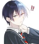  ! !! 1boy absurdres aoyagi_touya bangs blue_hair blush collared_shirt commentary_request dark_blue_hair diagonal-striped_necktie grey_eyes hair_between_eyes hand_on_own_neck highres kamiyama_high_school_uniform_(project_sekai) long_sleeves male_focus mole mole_under_eye mona0101 multicolored_hair necktie parted_lips project_diva_(series) school_uniform shirt short_hair simple_background solo striped_necktie white_background 