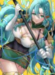  1girl aqua_hair armor bangs braid breastplate breasts chloe_(fire_emblem) cleavage covered_navel elbow_gloves fire_emblem fire_emblem_engage garter_straps gloves green_eyes large_breasts long_hair pegasus_knight_uniform_(fire_emblem) shoulder_armor side_braid single_braid skin_tight smile snow20200 solo very_long_hair white_gloves 