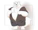  2023 anthro belly big_belly blush canid canine canis clothing domestic_dog hi_res humanoid_hands inunoshippo kemono male mammal moobs overweight overweight_male solo undressing 