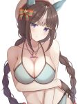  1girl arm_under_breasts beret bikini braid breasts brown_hair cleavage collarbone ear_covers hanma_(user_emma7355) hat highres hokko_tarumae_(umamusume) horse_girl jewelry jitome large_breasts long_hair necklace pout pouty_lips purple_eyes simple_background solo swimsuit tracen_swimsuit twin_braids umamusume upper_body white_background 