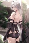  1girl absurdres android ass bare_shoulders black_gloves blue_eyes breasts elbow_gloves gloves highres joints looking_at_viewer medium_breasts mole mole_under_mouth nier_(series) nier_automata risumi_(taka-fallcherryblossom) robot_joints short_hair shorts simple_background solo thighhighs white_hair yorha_type_a_no._2 